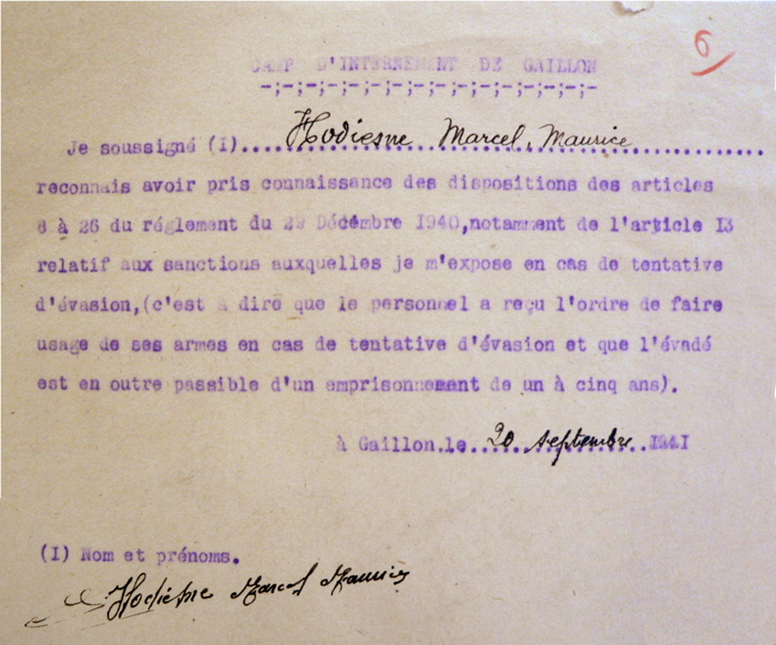 Le 20 septembre 1941, Marcel Hodiesne reconnaît avoir pris connaissance « que le personnel a reçu l’ordre de faire usage de ses armes en cas de tentative d’évasion… ». AD27. Droits réservés.