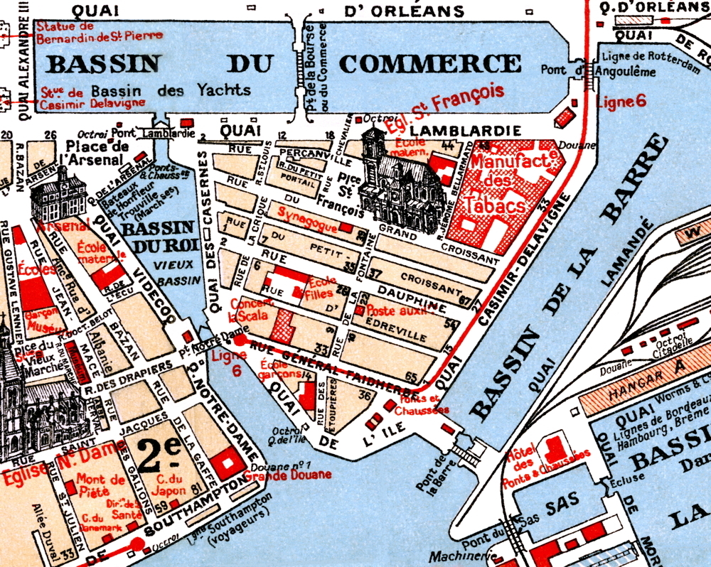 Le Havre. Extrait d’un plan de ville d’avant-guerre, avec mention des embarcadères vers d’autres port. Au bas de l’image, l’accès à la pleine mer par l’avant-Port. La place de l’Arsenal est située en haut à gauche. Collection Mémoire Vive.