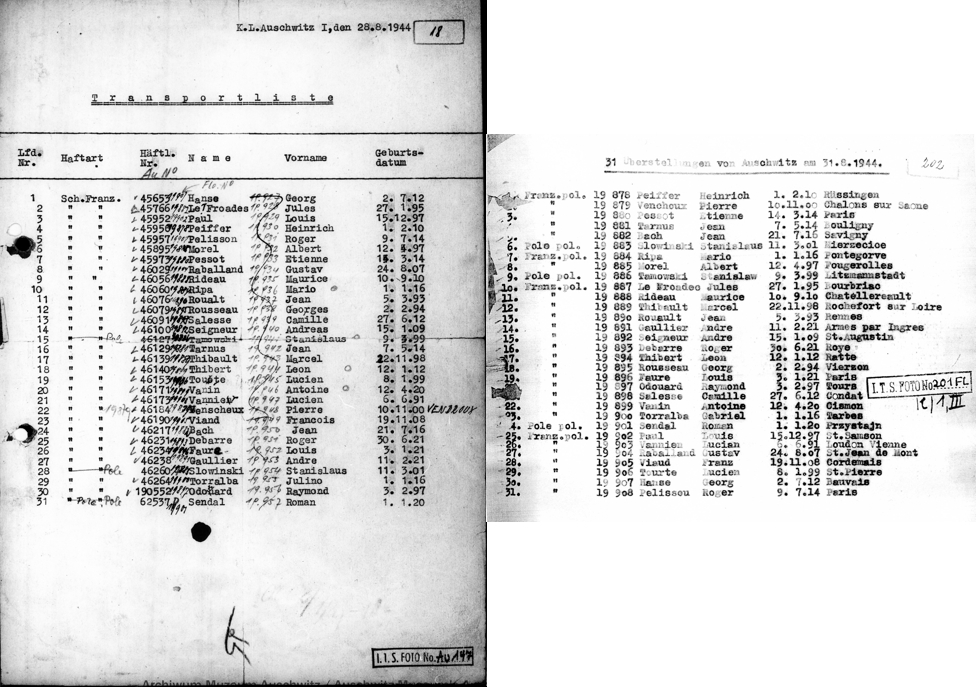 Liste de transport au départ du KL Auschwitz et liste d’enregistrement au KL Flossenbürg avec de nouveaux n° matricules. © Archives du Musée d’État d’Auschwitz-Birkenau à Oświęcim (Pologne).