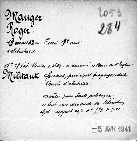 JPEG - 164.6 ko     Fiche de police du commissariat d’Ivry-sur-Seine.      10 x 15 cm (hauteur modifiée). Fichier de militants (CGT et PCF).  Musée de la Résistance Nationale de Champigny-sur-Marne (94)