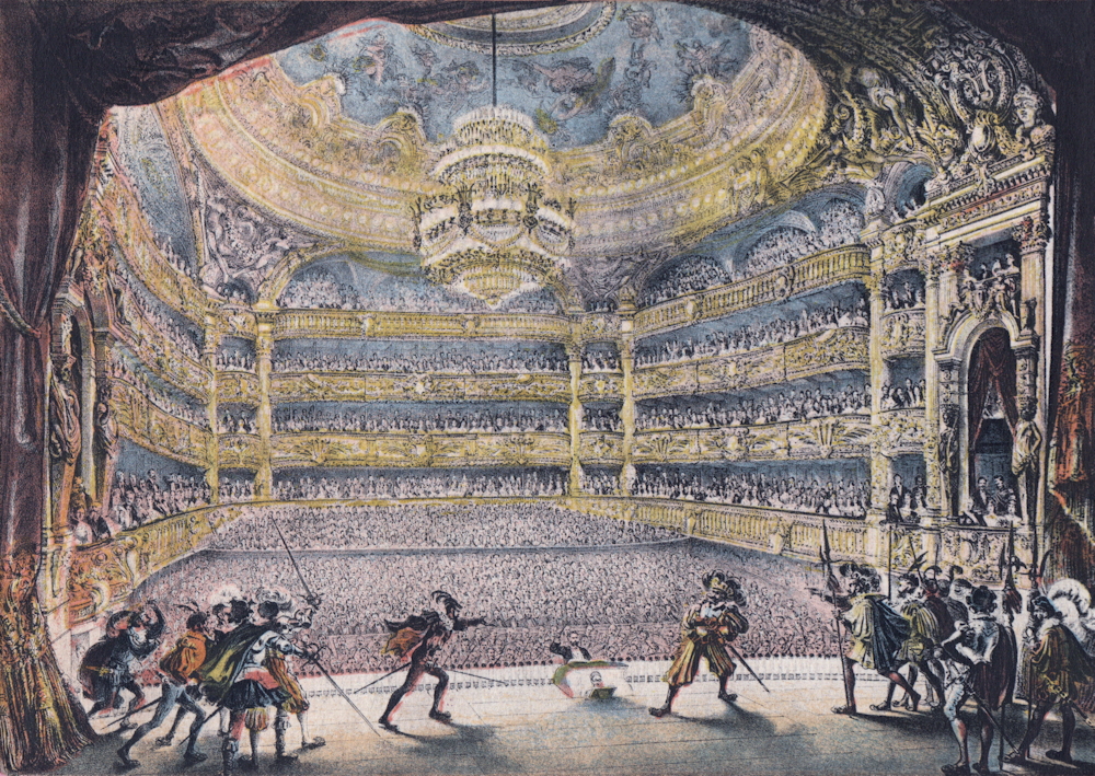 La salle de l’Opéra de Paris vue depuis la scène. Carte postale colorisée des années 1900, probablement d’après une gravure de la fin du 19e siècle. Coll. Mémoire Vive.