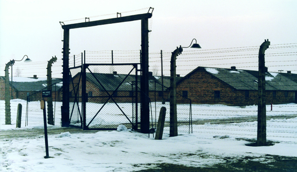 Portail du secteur B-Ia du sous-camp de Birkenau (Auschwitz-II) par lequel sont passés les “31000” (accès depuis la rampe de la gare de marchandises et le “camp-souche” d’Auschwitz-I…). © Gilbert Lazaroo, février 2005.
